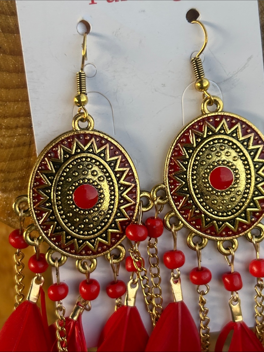 Red Feather Drop Earrings with Gold Medallions - Picture 5 of 8